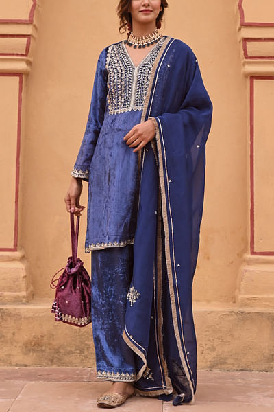 Royal blue embroidered kurta set