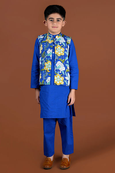 Royal blue floral print Nehru jacket set