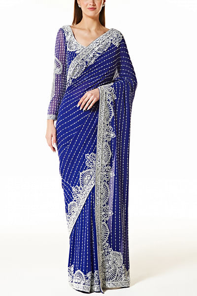 Royal blue pearl embellished sari set