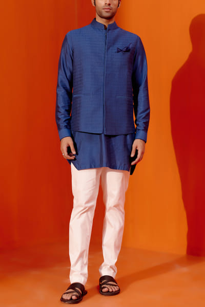 Devnaagri Royal blue pintuck bandi kurta set DEVOCT23MEN003