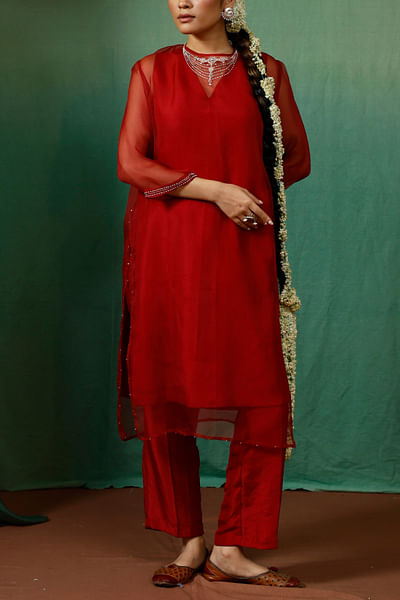 Ruby red embroidered straight kurta set