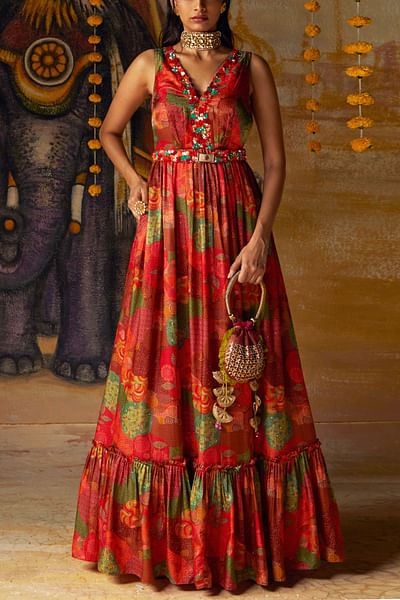 Rust artsy printed sleeveless gown and belt