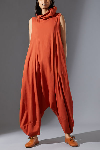 Rust balloon woven cotton jumpsuit