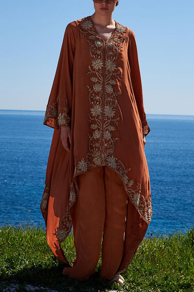 Rust embroidered asymmetric cape and pants