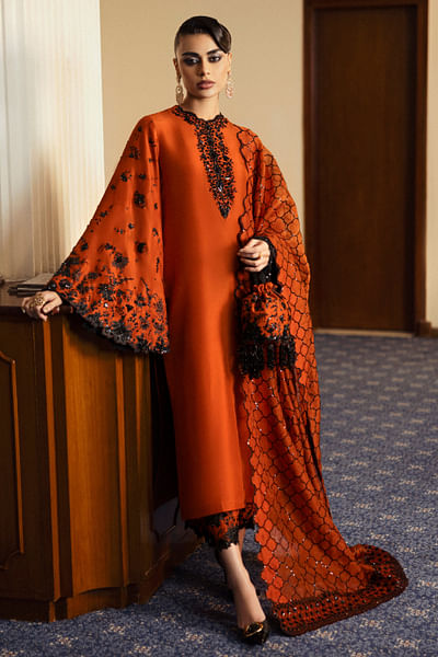 Rust floral screen printed kurta set
