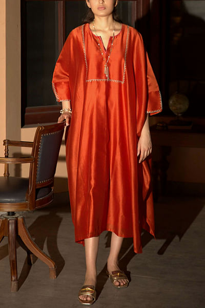 Rust orange resham embroidered kaftan