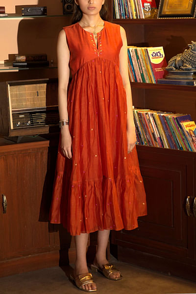 Rust orange resham embroidered tiered dress