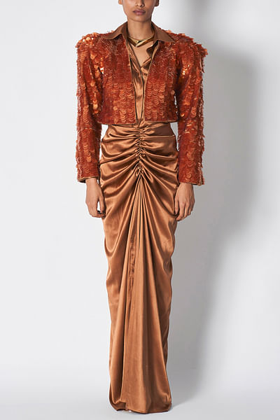 Rust sequinned crop jacket