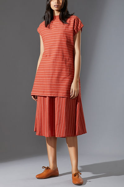 Rust stripe layered handwoven cotton dress