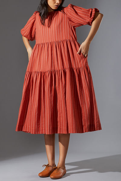 Rust stripe tiered handwoven cotton dress