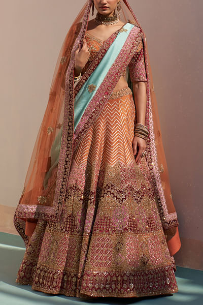 Rust zardozi embroidery lehenga set