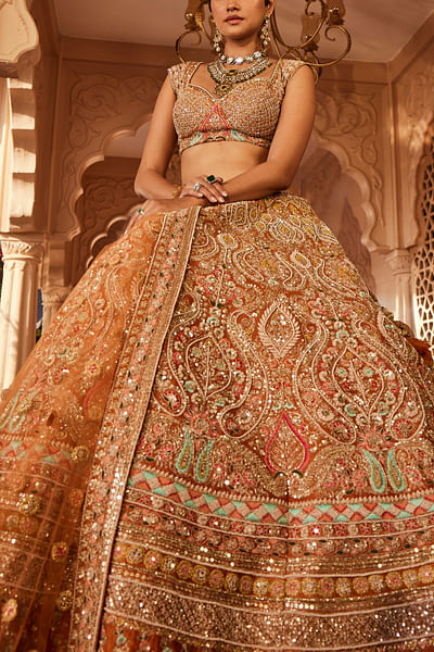 Rust zari and sequin embroidered lehenga set