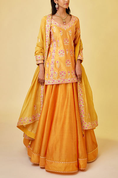 Saffron orange gota embellished kurta skirt set