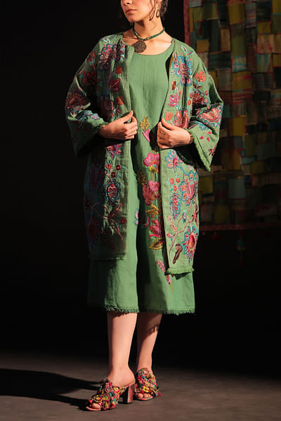 Sage floral embroidery coat
