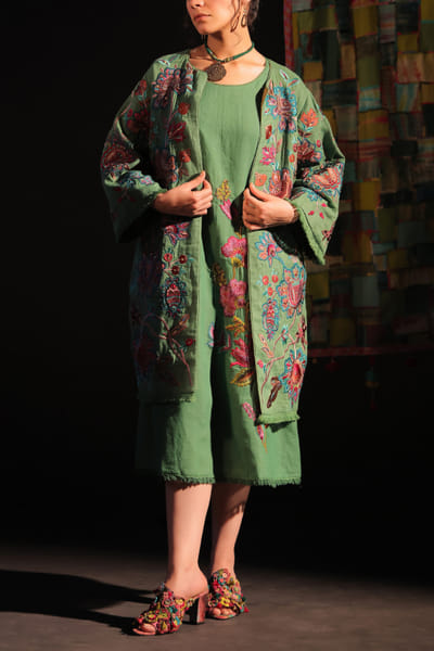 Sage floral embroidery coat