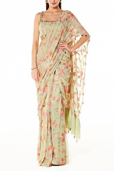 Sage floral pre-draped sari set