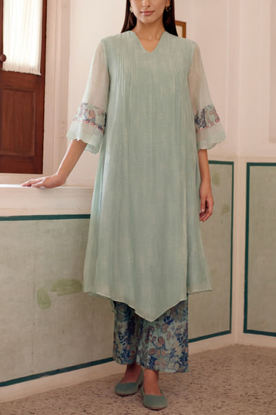 Sage floral printed pintuck kurta set