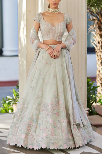 Sage green bead and thread embroidered lehenga set