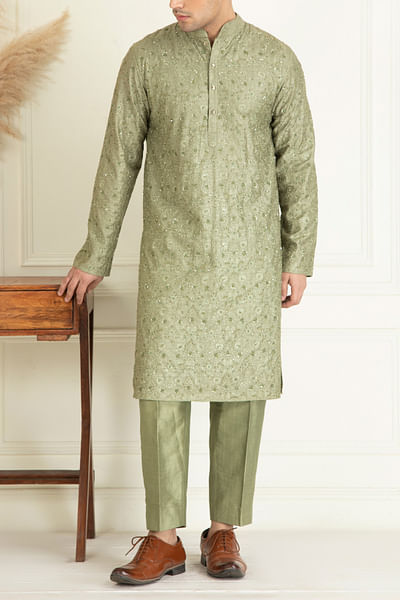 Sage green embroidered kurta set