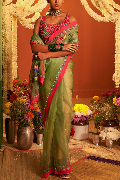 Sage green embroidered sari set