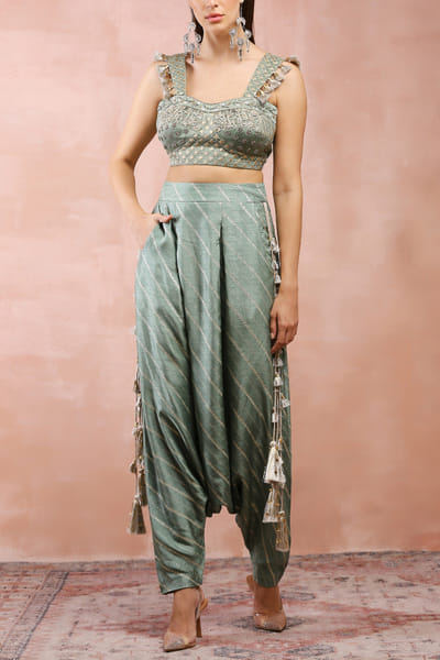 Payal Singhal Sage green embroidered top and low crotch pants PYSOCT43TL0025