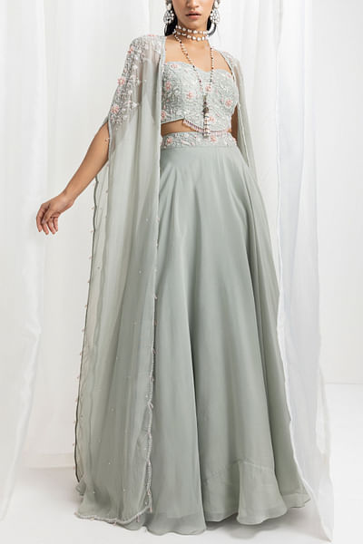 Sage green floral crystal and bead embellished cape and lehenga set