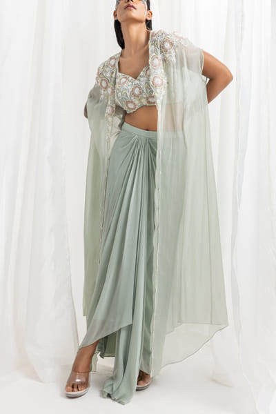 Sage green floral pearl embellished cape and draped skirt set