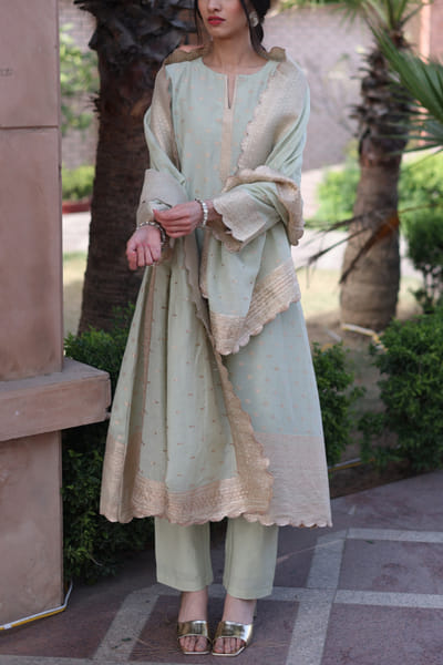 Safaa Sage green floral woven kurta set SAFKB2309