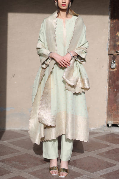 Safaa Sage green floral woven kurta set SAFKB2309