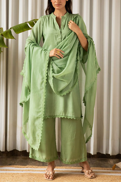 Sage green lace detail kurta set