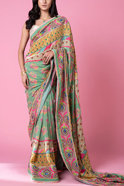 Sage green paisley print sari set