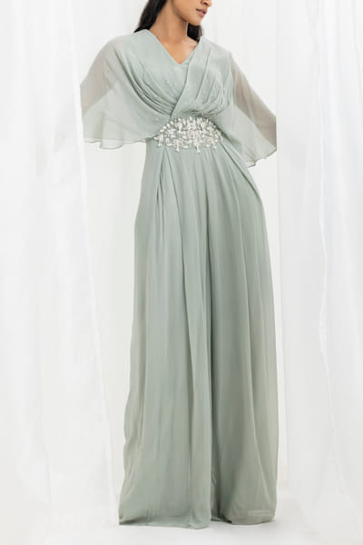 Sage green pearl and bead embellished draped jumpsuit