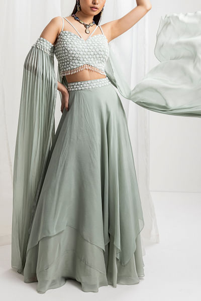 Sage green pearl and bead embellished layered lehenga set