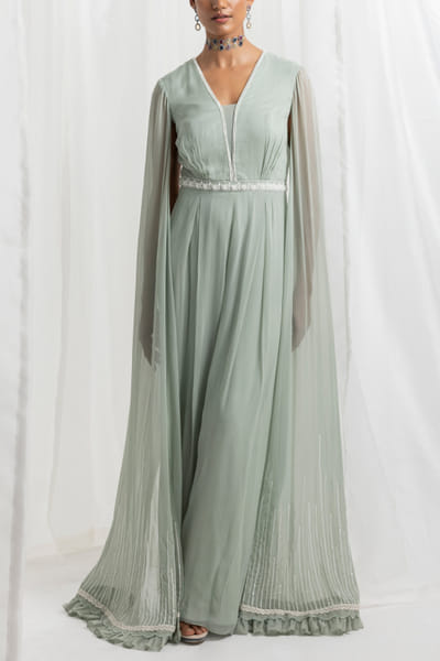 Sage green pearl and bead embellished pleated cape-sleeved jumpsuit