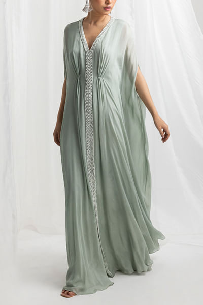 Sage green pearl embellished pleated slit kaftan