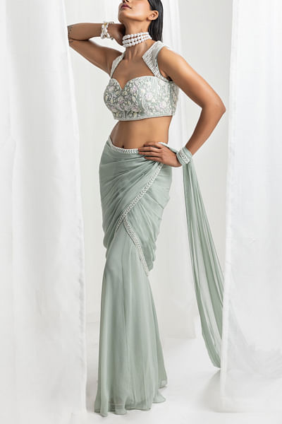 Sage green pearl embellished pre-stitched draped sari set