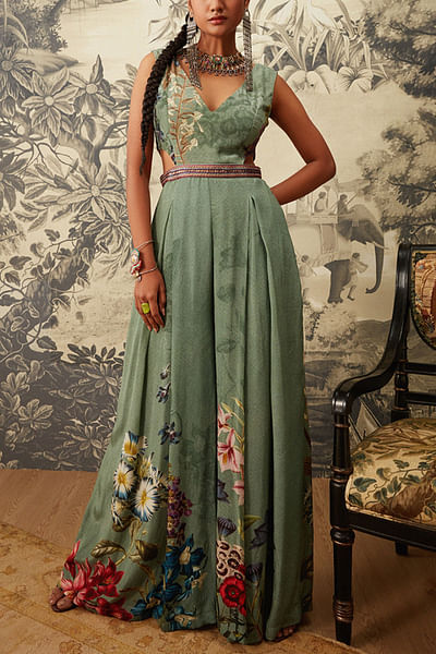 Sage green printed jumpsuit set