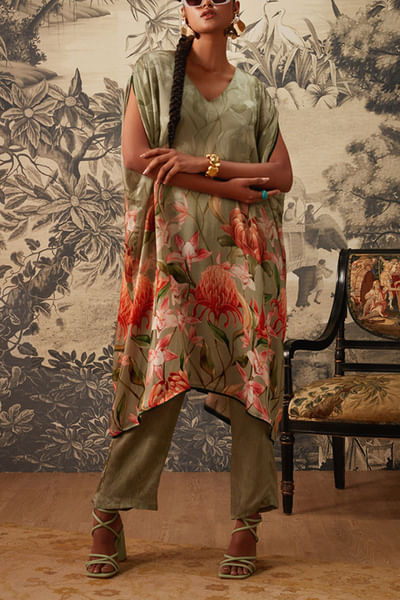 Sage green printed kaftan set