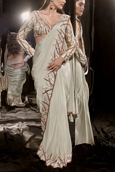 Sage green sequin embroidered sari set