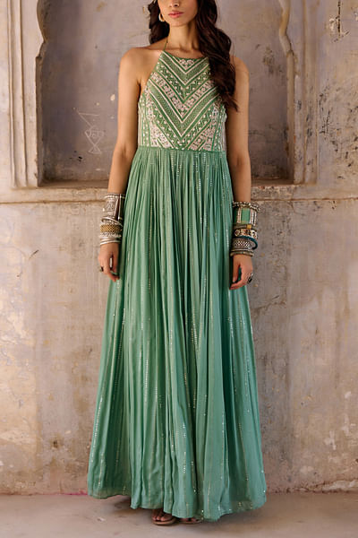 Sage green zardozi embroidery sequinned gown