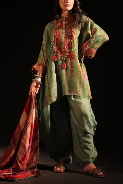 Sage tie-dye print embroidery kaftan kurta set