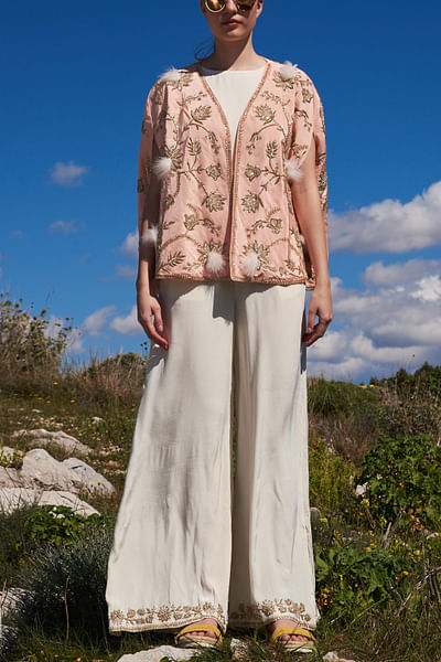 Salmon embroidered cape and jumpsuit