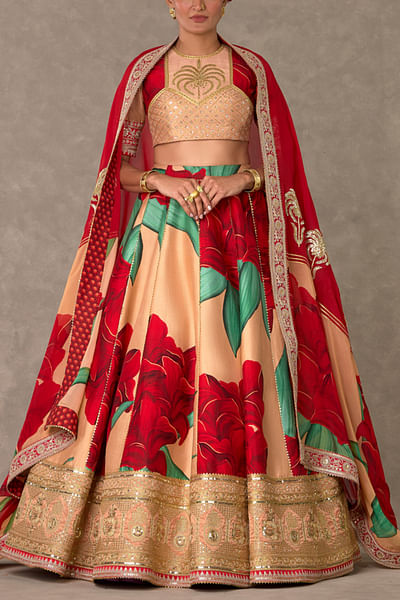 Salmon floral and leaf print lehenga set