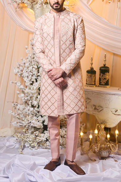 Salmon nude thread and glass bead embroidery sherwani set
