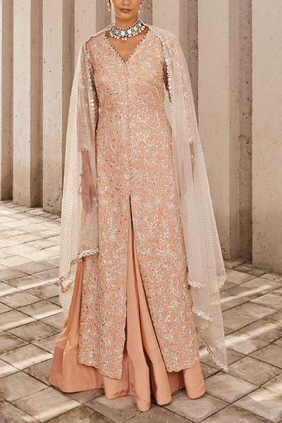 Salmon pink embroidered kurta and lehenga set