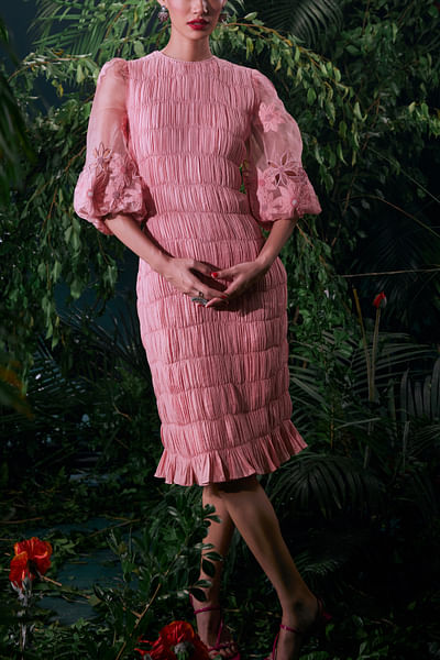 Salmon pink floral applique ruched dress