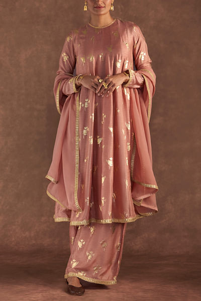 Salmon pink foil print anarkali set