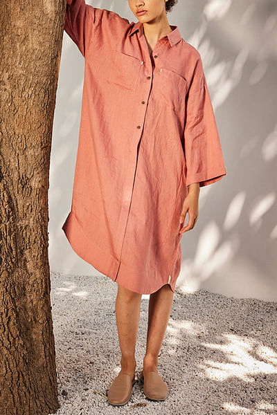 Salmon pink linen shirt dress