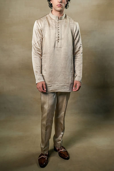 Sand grey pintuck detail short kurta set