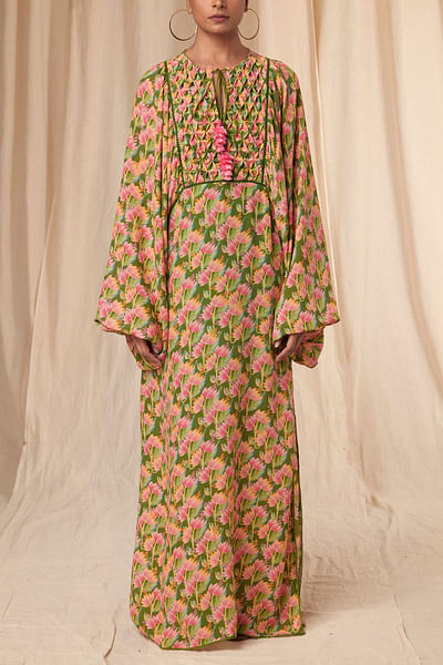 Sap green floral printed kaftan and belt